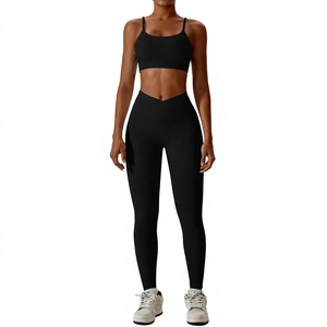 Women Yoga Set Ribbed High Waist Flared <b>Leggings</b> Spaghetti Strap <b>Crop</b> Top Solid Green Activewear 2 Piece Seamless Breathable - Product Image 5