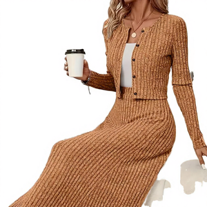 Costume 2 pièces pour femmes d'automne, élégant, pull à manches longues, tricot uni, robe trapèze - Product Image 3