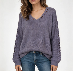 Suéter de Punto para Mujer, Cuello en V, Color Sólido, con Orificios, Diseño Elegante, Fabricación en China, Precio al por Mayor, OEM, ODM - Product Image 1
