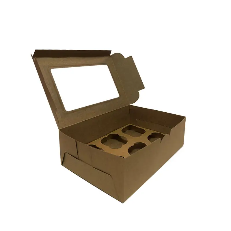 Kotak Kemasan Kotak Kue Kering Kertas Kraft dengan Tampilan Jelas Cangkir Mini Donat Kue Pie Iris Kotak Makanan Penutup