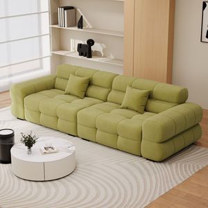 Sofá cremoso de tela con diseño de líneas rectas y capitoné para sala de estar y apartamentos pequeños - Product Image 1