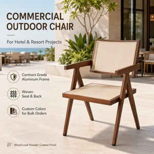 FLD1177 Chaise de salle à manger d'extérieur commerciale en maille d'aluminium imperméable, avec cadre aspect bois, finition brossée à la main, pieds carrés coniques, pour hôtel - Product Image 1