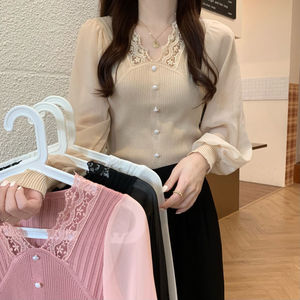 秋の韓国デザインの女性の V ネックニットブラウススプライシングレースシフォン長袖ファッションスリムレディースニットトップスシャツ - Product Image 3