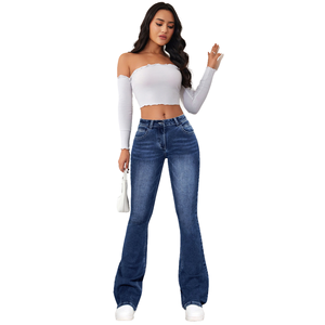 <span class=keywords><strong>Jean</strong></span> slim délavé bleu foncé YUANBOFEI pour <span class=keywords><strong>femme</strong></span>, coupe évasée, style décontracté et tendance - Product Image 4