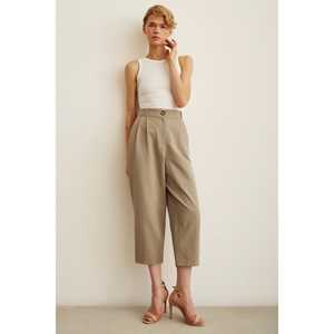 Pantalon plissé double devant kaki coupe droite taille haute longueur courte pour femme - Product Image 2