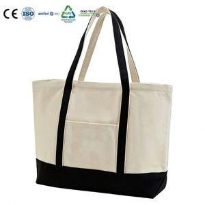 Color Block Stitched Cotton <b>Canvas</b> <b>Bag</b> Sturdy Large Capacity Front Pocket Handbag for Beach Vacation Trip - Product Image 1