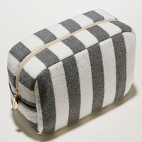 Pochette de maquillage en tissu éponge portable, fermeture éclair tendance, imperméable, rayée bleu et blanc, sac souple