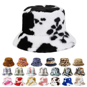 Fall Winter Warm Cow Leopard Stripe Print Fluffy Faux Fur Bucket Hats For Women