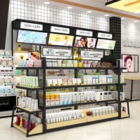 Nouvelle Gondole Cosmétique de Luxe Double Face Robuste avec Éclairage LED, Écologique, Cadre Métallique et Étagères en Bois Ajustables et Mobiles