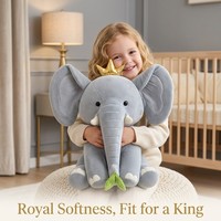 Adorable éléphant en peluche kawaii avec couronne dorée et feuilles, éléphant en peluche gris doux avec oreilles tombantes pour cadeau de la Journée des enfants