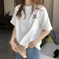 T-shirt blanc en coton à manches courtes et épaules droites pour femme ; Haut de base d'été à col rond ; Coupe ample grande taille 3D