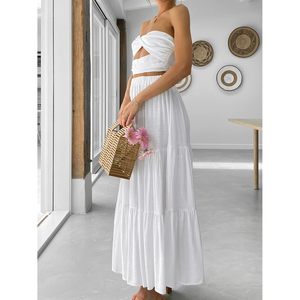 FOXA Women's Summer Boho Tiered A-Line Maxi <b>Skirt</b> <b>Elastic</b> Waist Cotton Breathable Long Beach Style - Product Image 3