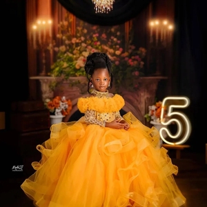 Abito da cerimonia dorato a collo alto per bambine, personalizzabile, grazioso vestito da festa per bambine, abito da concorso per servizi fotografici - Product Image 3