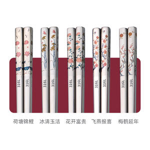 ตะเกียบสแตนเลส 316 ลายดอกไม้ทรงกลม สไตล์จีน สำหรับผู้ใหญ่ ชุดของขวัญ - Product Image 5