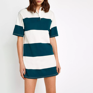 Polo da donna a righe verdi Rugby oversize in maglia traspirante tessuto pettinato maniche corte con bottone naturale - Product Image 1