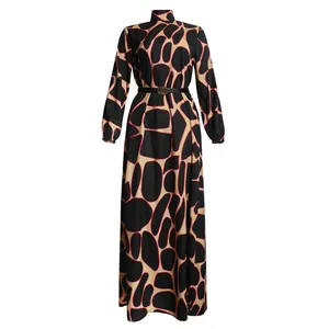 Animal Printed Silk High Collar Dress Women Brazilian High Quality Pattern Long Sleeve Dress