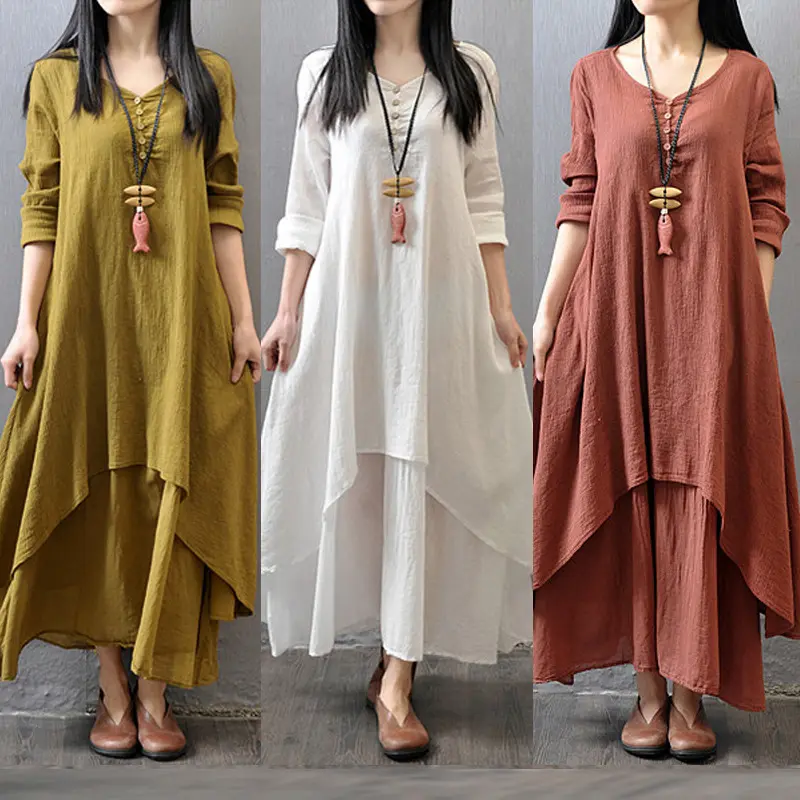 Summer New Fashion Discount White Linen Dress Long Sleeve Plus Size Loose Casual Korea Style With Pocket Dresses