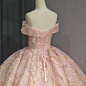 La principessa <span class=keywords><strong>rosa</strong></span> Quinceanera veste con la spalla abito da ballo dolce abito da 16 abito <span class=keywords><strong>oro</strong></span> Appliques abito di pizzo Dy9958-1 - Product Image 3