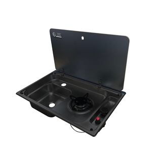 JDA Revêtement Noir 304 Acier Inoxydable RV Évier et Brûleur Table de Cuisson Combo avec Couvercle en Verre Trempé <span class=keywords><strong>pour</strong></span> Caravane Camper Yacht - Product Image 1