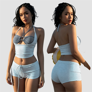 Three Piece Bikini <b>Set</b> Plaid Fashion Tie Up Detail Hollow Out Halter Top Color Block Shorts Beach Vacation for Woman - Product Image 1