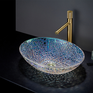 Lavabo da Appoggio in Vetro Temperato Colorato di Alta Qualità, Lavandino Artistico Ovale Blu e Verde per <span class=keywords><strong>Bagno</strong></span> - Product Image 4