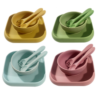 Vaisselle en silicone de qualité alimentaire pour bébés, assiette carrée d'apprentissage, bol à soupe résistant à la chaleur, cuillère et fourchette durables