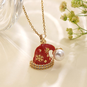 Collar con Colgante Navideño Chapado en Oro de 18K, Adorno de Árbol y Gorro de Santa Claus con Esmalte y Circonitas, Joyería para <span class=keywords><strong>Mujer</strong></span> - Product Image 1