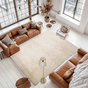 Cream Beige Plush Shaggy Rug Washable 25mm Thick <b>Cushioned</b> Hypoallergenic Nordic Minimalist Polyester Cotton Back Non Slip - Product Image 1