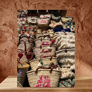Handmade Straw Basket With Red Handles And Tassels La Vie Est Belle Embroidery Natural Bamboo Weave Bucket Bag - Product Image 5
