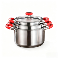 Ensemble de 6 casseroles en acier inoxydable, ustensiles de cuisine rouges avec couvercles en verre, casseroles et poêles