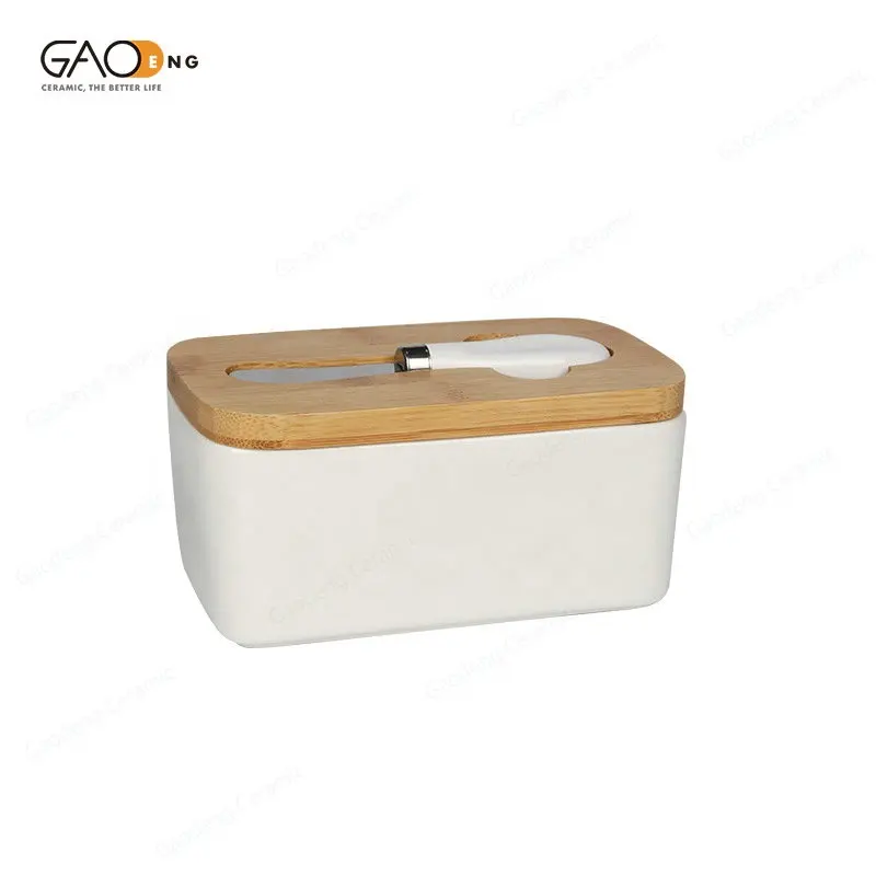 500ml Porcelain Airtight Butter Dish With Bamboo Lid And Stainless Steel Knife Ceramic Butter Boxes Containers