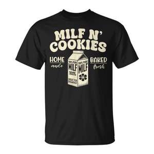 T-Shirt MILF N' COOKIES noir pour adultes, unisexe, 100% coton, cadeau humoristique amusant pour hommes et femmes - Product Image 1