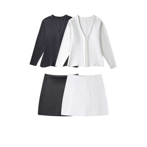 Spring Latest Design Woollen Ribbed Button Cardigan Mini <strong>Dress</strong> Knitted Two Piece Set Skirt - Product Image 1