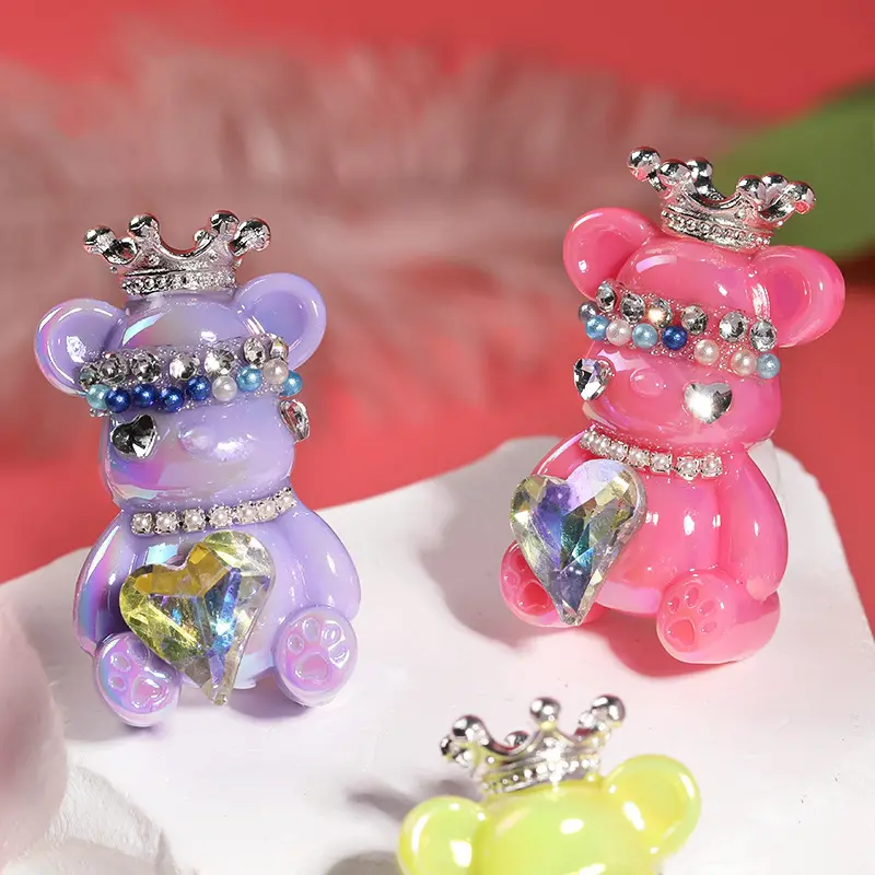Manik-manik beruang gula mewah longgar manik-manik kartun mahkota hati manik-manik berlian imitasi untuk rantai telepon DIY pena perhiasan
