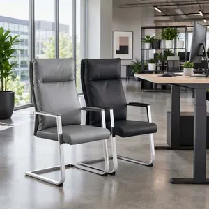 Chaise de bureau en cuir à dossier haut avec base en forme d'arc, chaise de conférence pour visiteurs à dossier haut avec base en forme d'arc en cuir - Product Image 4
