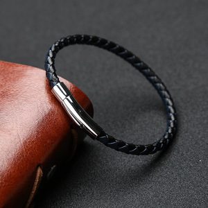 Business Casual Gift Titanium Steel Clasp Hand Braided Magnetic Buckle Waterproof Leather Bracelet for <b>Men</b> - Product Image 2