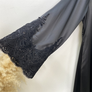 Satén grueso nuevo frente abierto Abaya con bolsillos laterales mujeres negro <span class=keywords><strong>corona</strong></span> moda encaje Abayas cárdigan Eid 2024 - Product Image 2