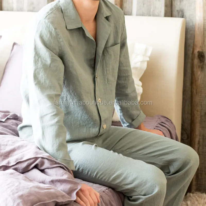 Wholesale Linen Pajamas Sleepwear Set Stone Washed Button Organic Linen Men's Pajamas