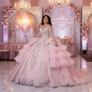 Vestido de Quinceañera Rosa Rubor MC045 con Hombros de Mariposa, Cuentas Plateadas, Brillo y Volantes, Vestido de Princesa para Fiesta de 15 Años Jancember - Product Image 1
