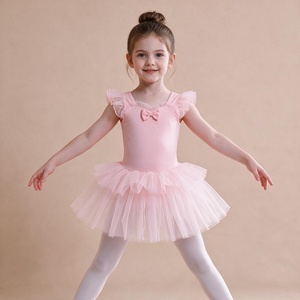 Justaucorps de ballet rose pour filles, robe de danse tutu avec volants aux épaules et nœud, tenue de scène pour performance - Product Image 3