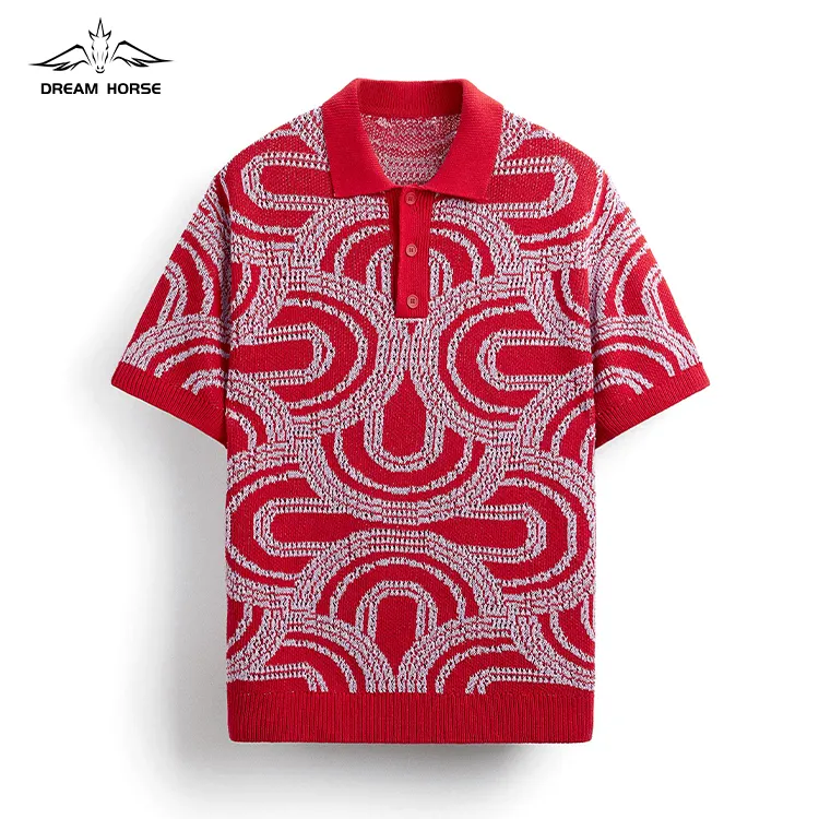 Ainear Groothandel Custom Logo Design Oem & Odm Korte Mouw Polo Hals Jacquard Heren Wolmix Gebreide Pullover T-Shirt Trui