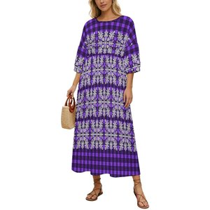 Robe longue décontractée ample à col rond et manches bouffantes pour <span class=keywords><strong>femme</strong></span>, imprimé <span class=keywords><strong>tatouage</strong></span> tribal polynésien <span class=keywords><strong>rose</strong></span> et blanc, collection en promotion - Product Image 2