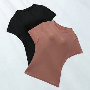 Camiseta de Manga Corta para <span class=keywords><strong>Mujer</strong></span>, Ajustada, Lisa, Deportiva, Informal, de Color Sólido, Transpirable, para Verano - Product Image 6