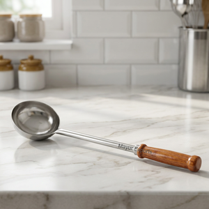 Cuchara de acero inoxidable con mango de madera, utensilio de cocina con tazón redondo - Product Image 5