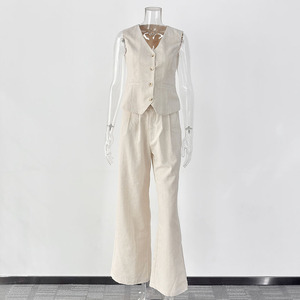Gilet Enyami <span class=keywords><strong>pantaloni</strong></span> Casual in due pezzi da <span class=keywords><strong>donna</strong></span> a righe <span class=keywords><strong>Beige</strong></span> alla moda senza maniche gilet a vita bassa Set di <span class=keywords><strong>pantaloni</strong></span> - Product Image 5