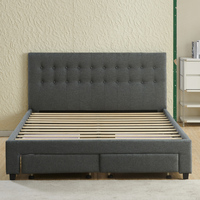 Lit rembourré gris en tissu avec têtes de lit capitonnées à boutons, design chinois, rangement sous le lit, taille personnalisée pour chambre à coucher