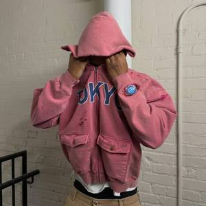 Sudadera con capucha y cremallera para hombre, estilo streetwear Y2K grunge, de algodón grueso, con lavado ácido y efecto desgastado, personalizada al por mayor. - Product Image 2