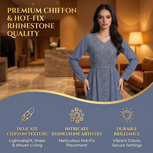 Robe de cérémonie musulmane de style premium gris-bleu en mousseline thermocollée à manches longues avec ceinture pour une présentation élégante en boutique - Product Image 2