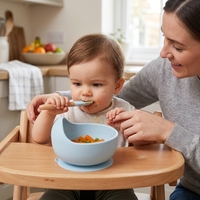 Bol à ventouse en silicone couleur pastel avec cuillère assortie, ensemble d'alimentation pour tout-petits au design moderne et mignon, idéal pour cadeau de naissance