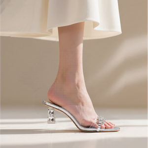 2025 मॉडल अलंकृत अनुक्रमों वर्ग फुट एकल स्ट्रैप क्रिस्टल चंकी एड़ी पारदर्शी शादी के जूते सदाबहार उच्च हील्स - Product Image 2